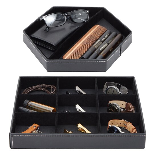 Set of 2 Faux Leather Valet Tray for Men, Customizable Catch All Trays for Keys, Wallet, Watch, Nightstand Drawer Organizer, Key Tray for Entryway Table (2 Shapes, Black), Color: Black | Michaels Set of 2 Faux Leather Valet Tray for Men, Customizable Catch All Trays for Keys, Wallet, Watch, Nightstand Drawer Organizer, Key Tray for Entryway Table (2 Shapes, Black), Color: Black | Michaels